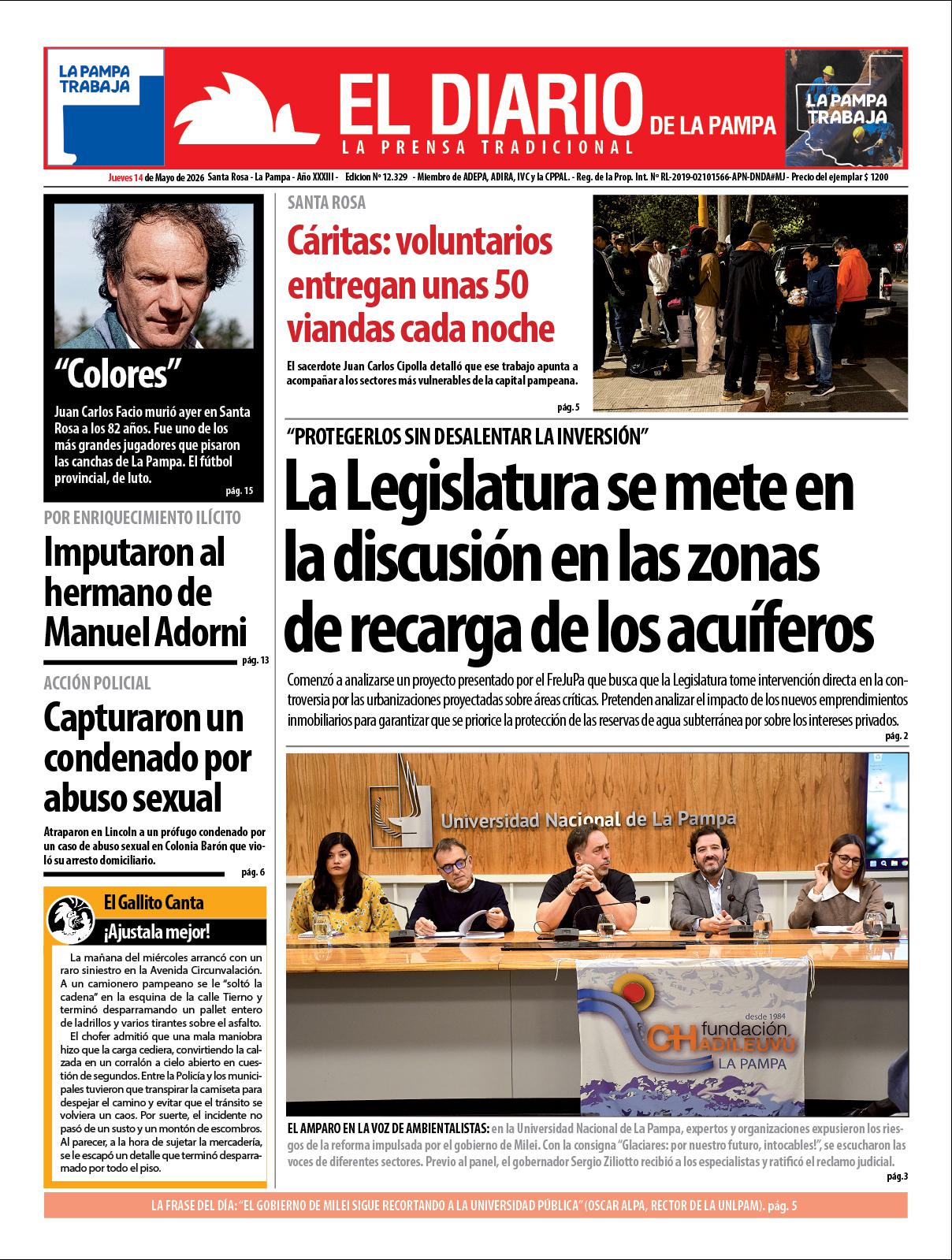 Tapa de El Diario en papel  jueves 14 de mayo de 2026
